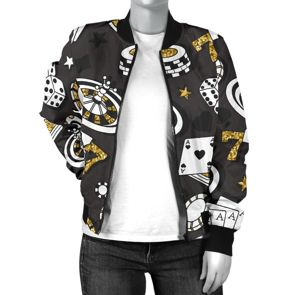 Poker Casino Print Pattern Women Casual Bomber Jacket-grizzshop