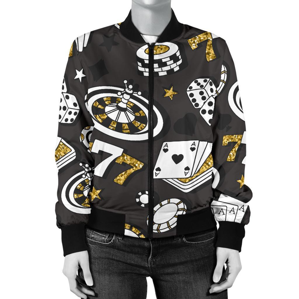 Poker Casino Print Pattern Women Casual Bomber Jacket-grizzshop