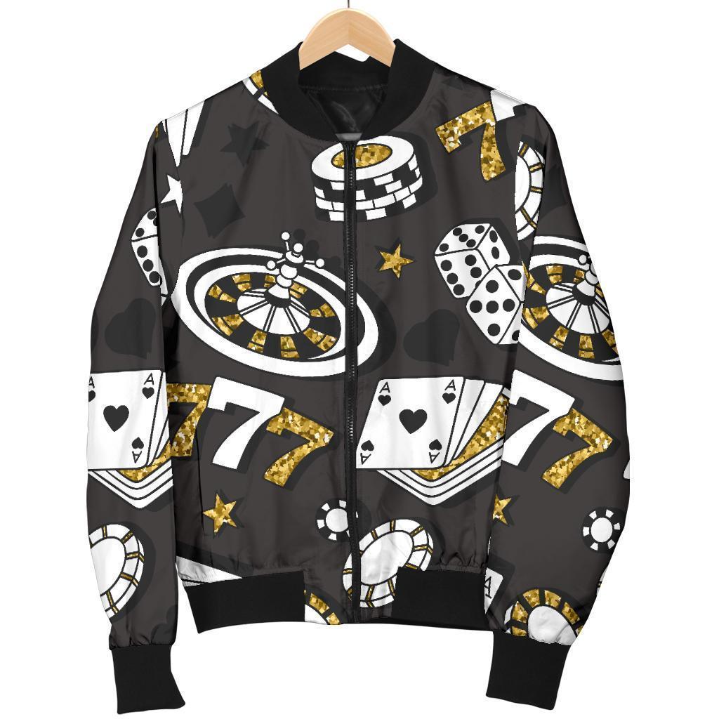 Poker Casino Print Pattern Women Casual Bomber Jacket-grizzshop