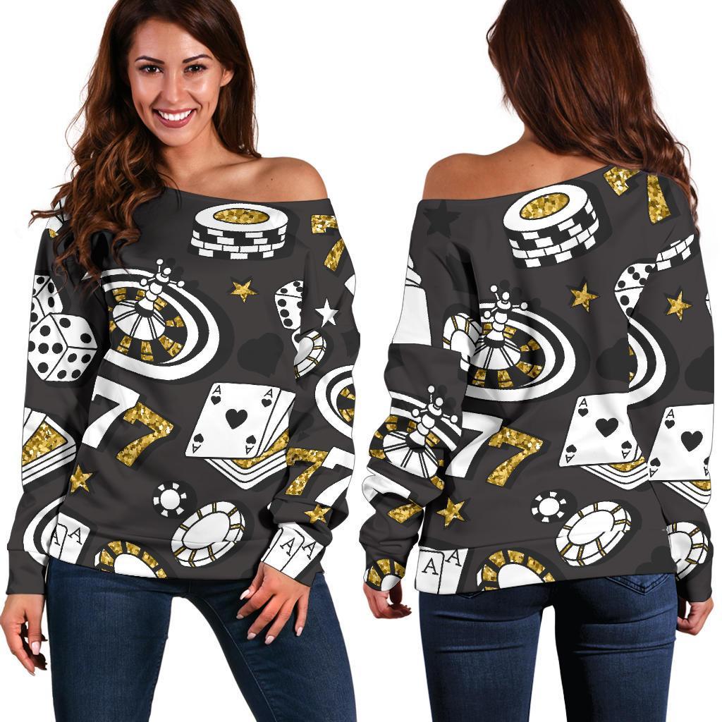 Poker Casino Print Pattern Women Off Shoulder Sweatshirt-grizzshop