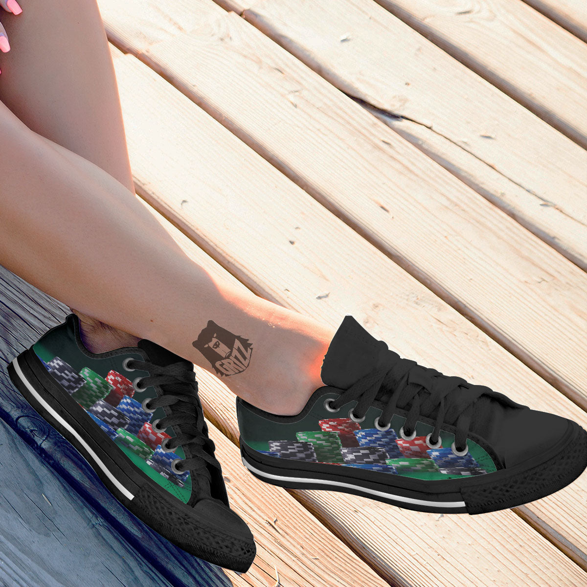 Poker Chips Print Black Low Top Shoes-grizzshop