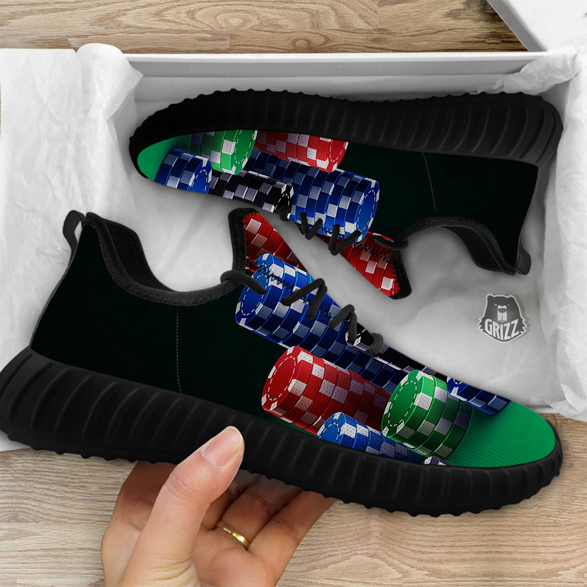 Poker Chips Print Black Walking Shoes-grizzshop