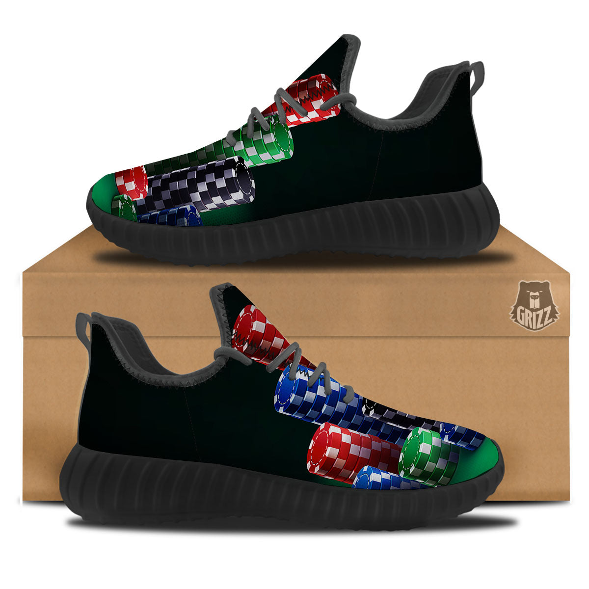 Poker Chips Print Black Walking Shoes-grizzshop