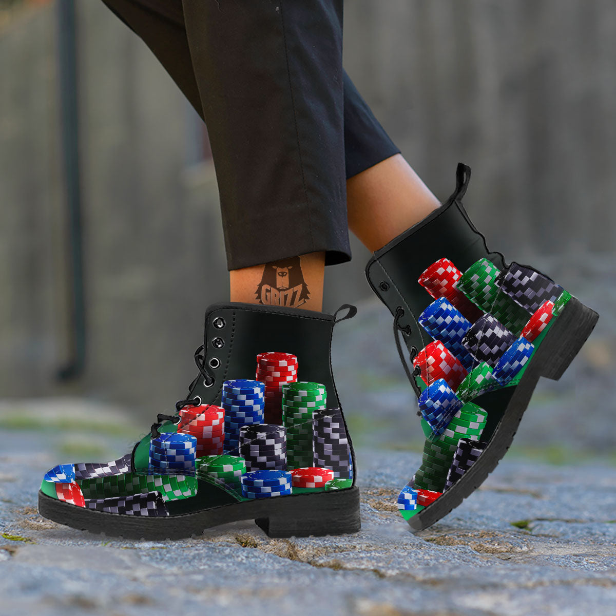 Poker Chips Print Leather Boots-grizzshop