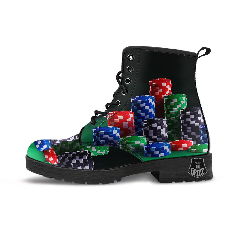 Poker Chips Print Leather Boots-grizzshop