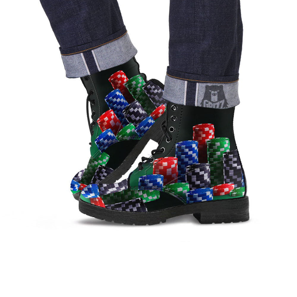 Poker Chips Print Leather Boots-grizzshop