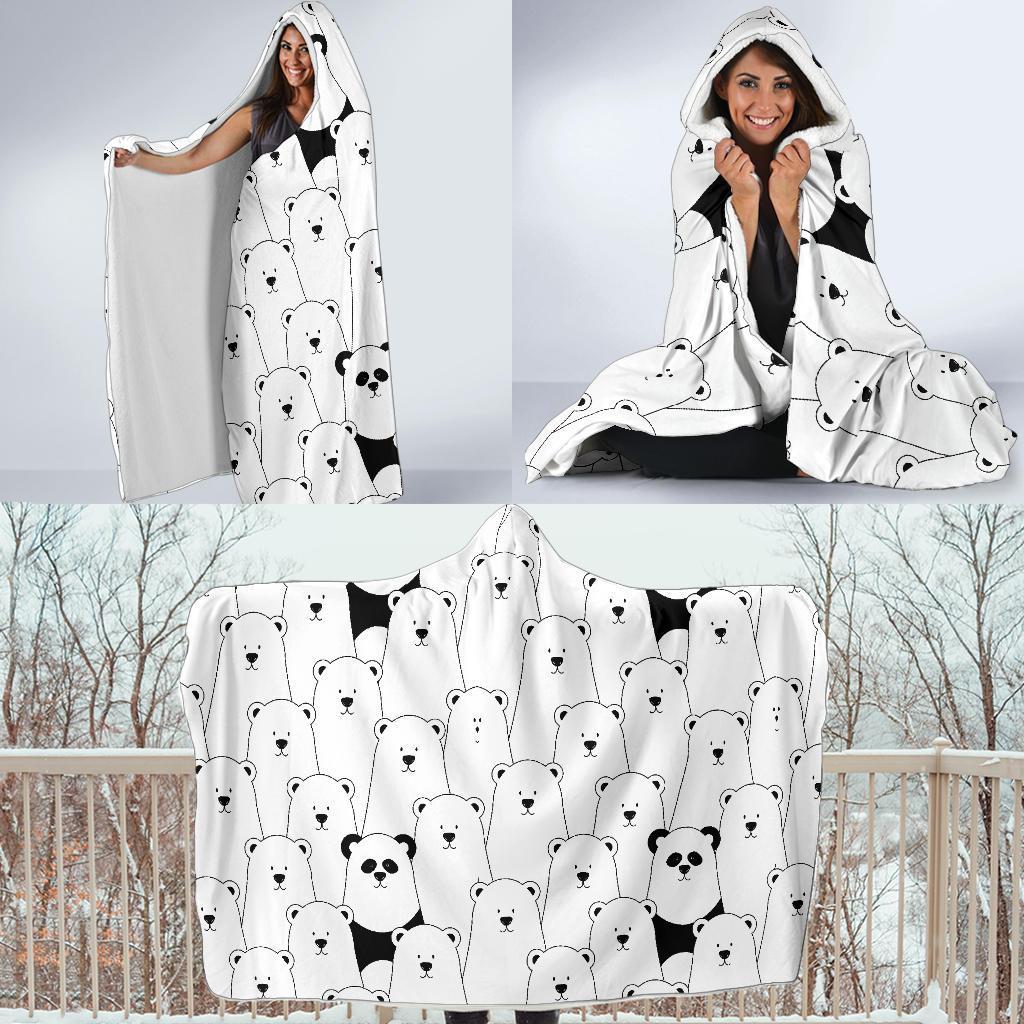 Polar Bear Panda Pattern Print Hooded Blanket-grizzshop