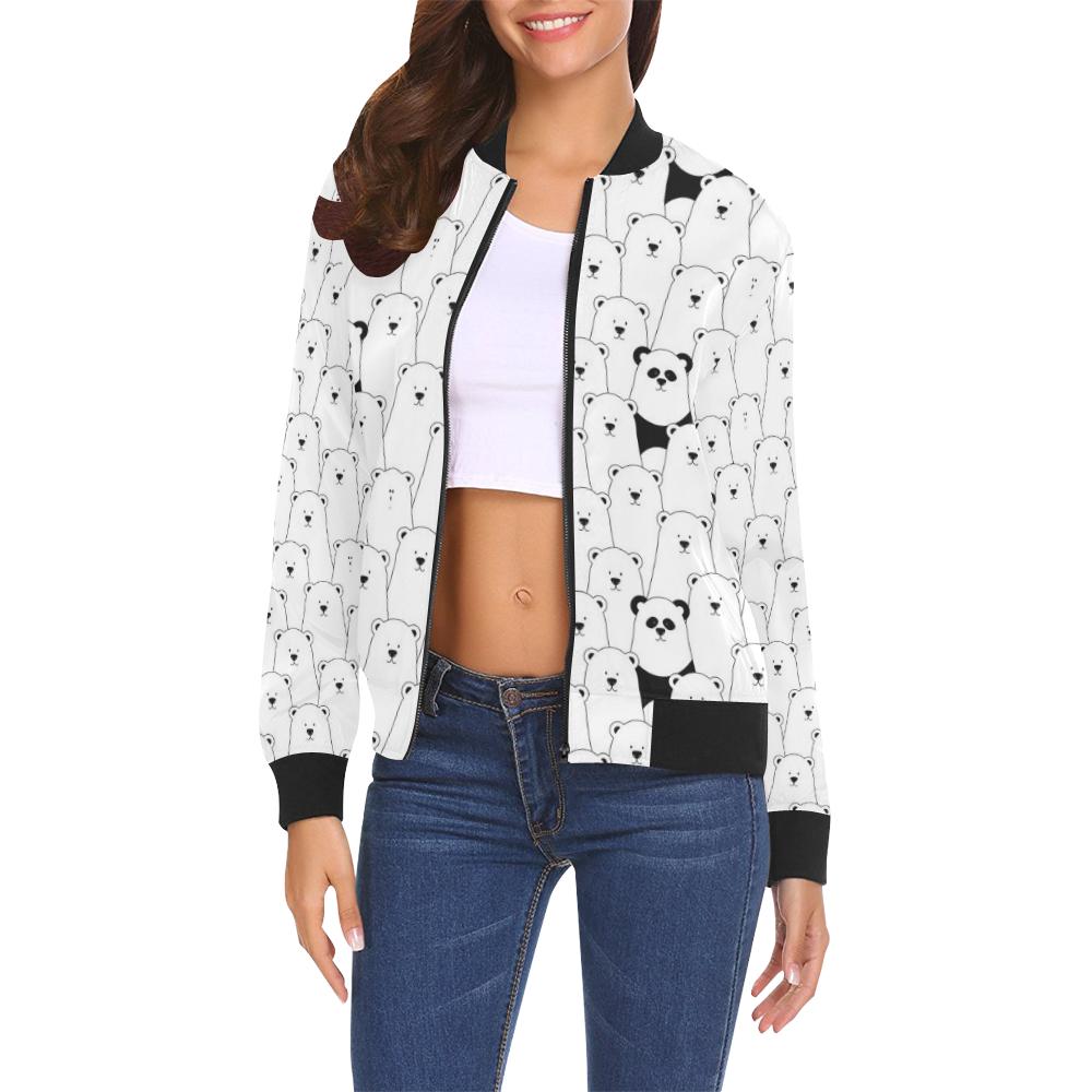 Polar Bear Panda Pattern Print Women Casual Bomber Jacket-grizzshop