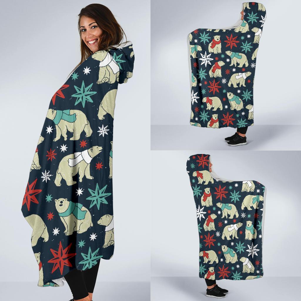 Polar Bear Snow Christmas Pattern Print Hooded Blanket-grizzshop