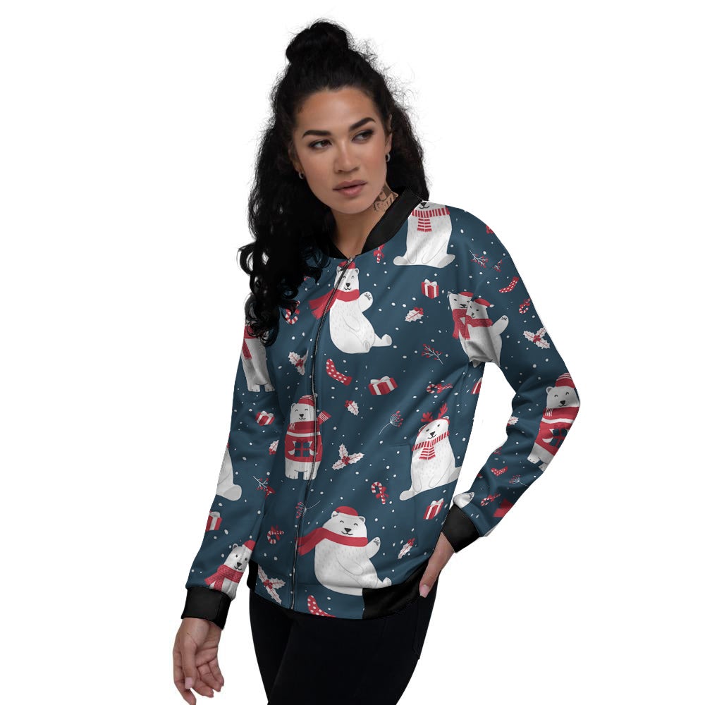 Polar Bear Xmas Print Pattern Women's Bomber Jacket-grizzshop