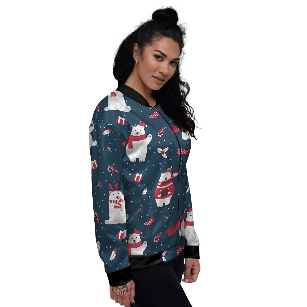 Polar Bear Xmas Print Pattern Women's Bomber Jacket-grizzshop
