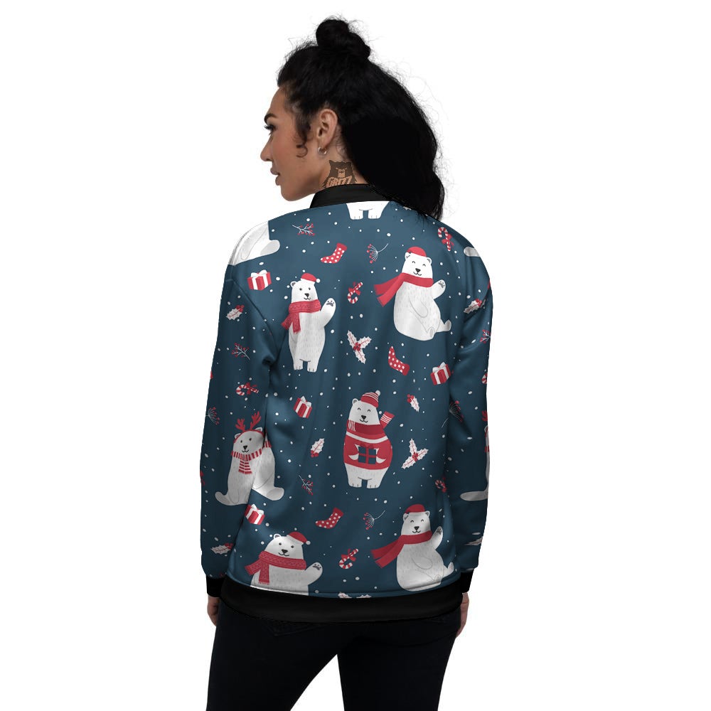 Polar Bear Xmas Print Pattern Women's Bomber Jacket-grizzshop