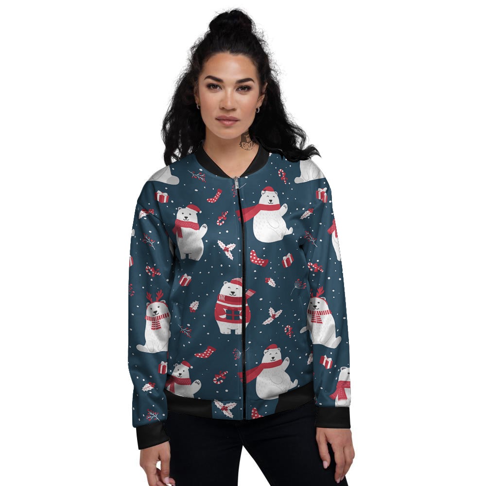 Polar Bear Xmas Print Pattern Women's Bomber Jacket-grizzshop