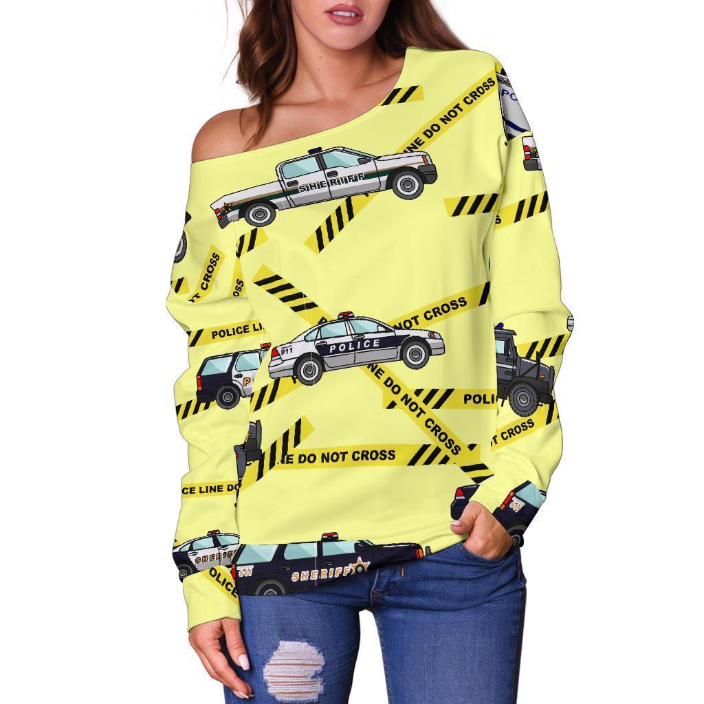 Police Car Pattern Print Women Off Shoulder Sweatshirt-grizzshop