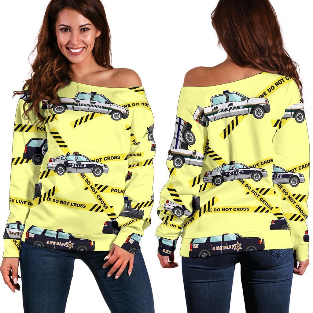 Police Car Pattern Print Women Off Shoulder Sweatshirt-grizzshop