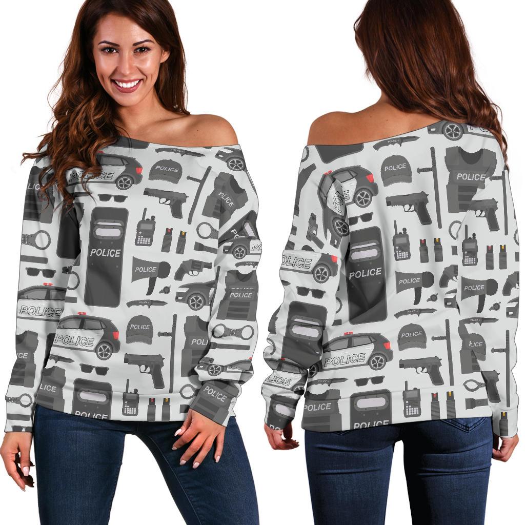 Police Print Pattern Women Off Shoulder Sweatshirt-grizzshop