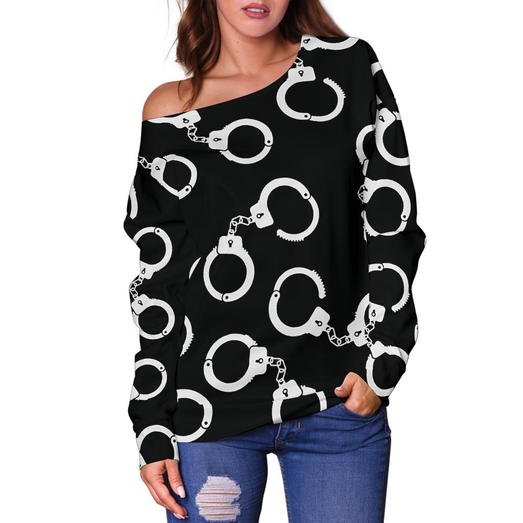 Police Shackle Pattern Print Women Off Shoulder Sweatshirt-grizzshop
