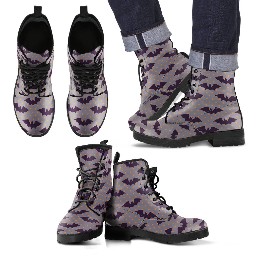 Polka Dot Halloween Bat Pattern Print Men Women Leather Boots-grizzshop