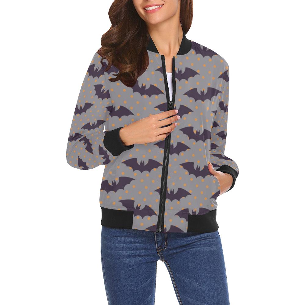 Polka Dot Halloween Bat Pattern Print Women Casual Bomber Jacket-grizzshop