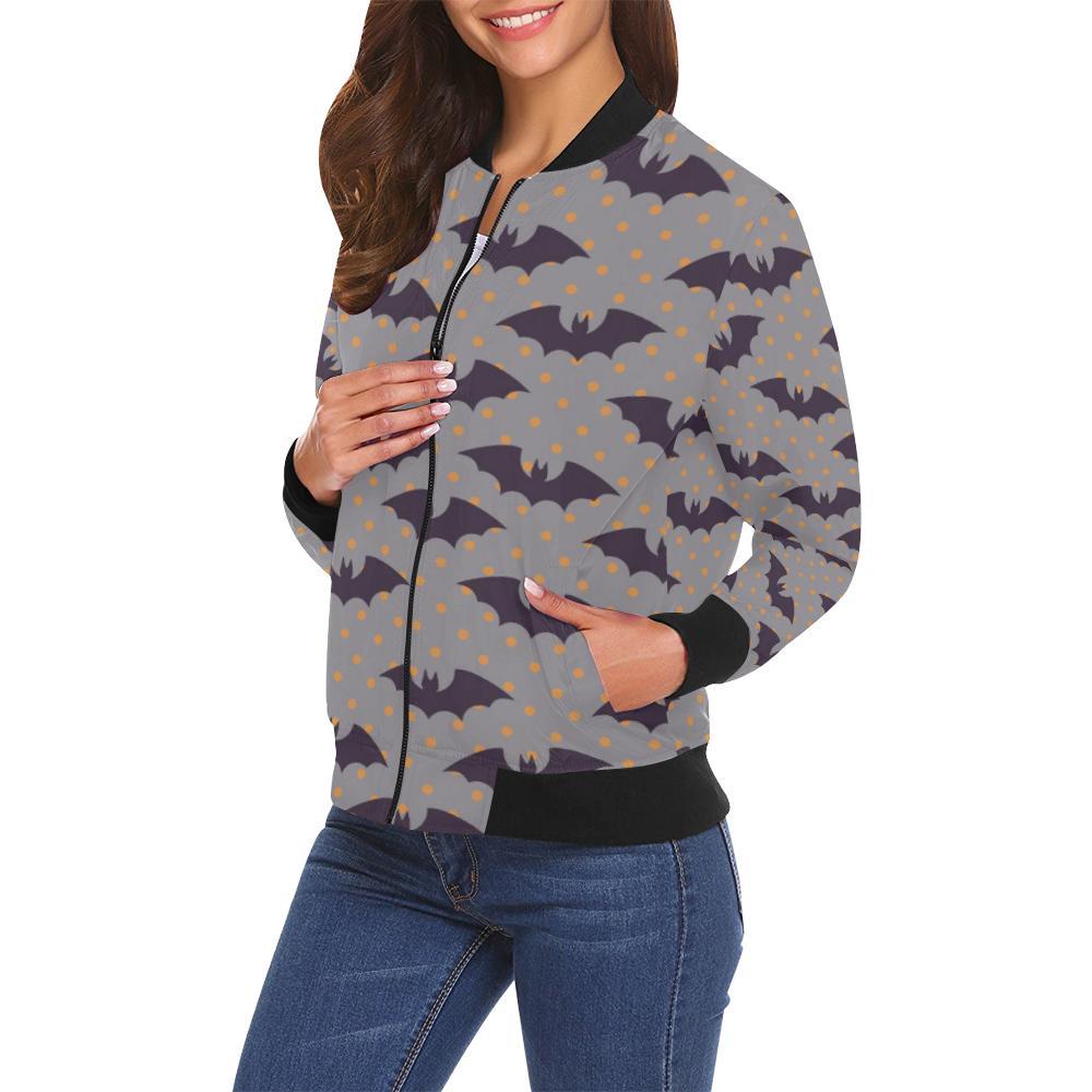 Polka Dot Halloween Bat Pattern Print Women Casual Bomber Jacket-grizzshop