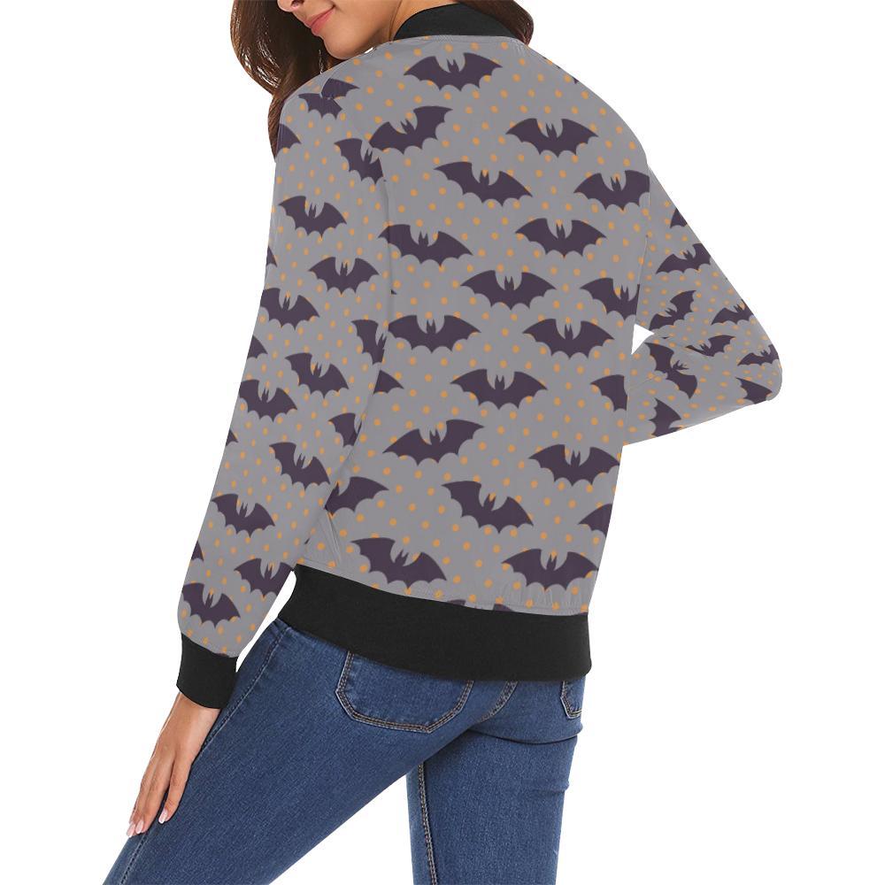 Polka Dot Halloween Bat Pattern Print Women Casual Bomber Jacket-grizzshop