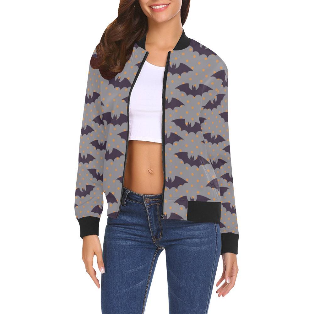 Polka Dot Halloween Bat Pattern Print Women Casual Bomber Jacket-grizzshop