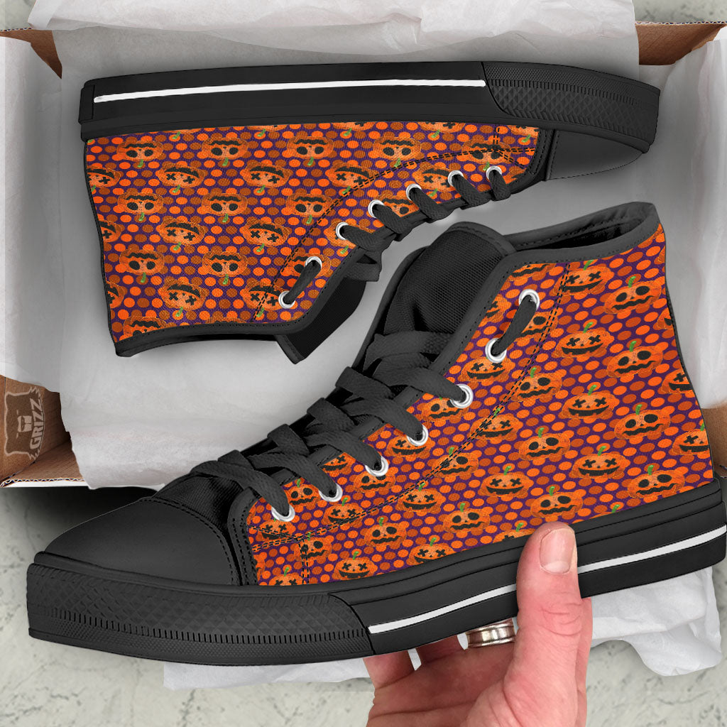 Polka Dot Halloween Pumkin Print Pattern High Top Shoes-grizzshop