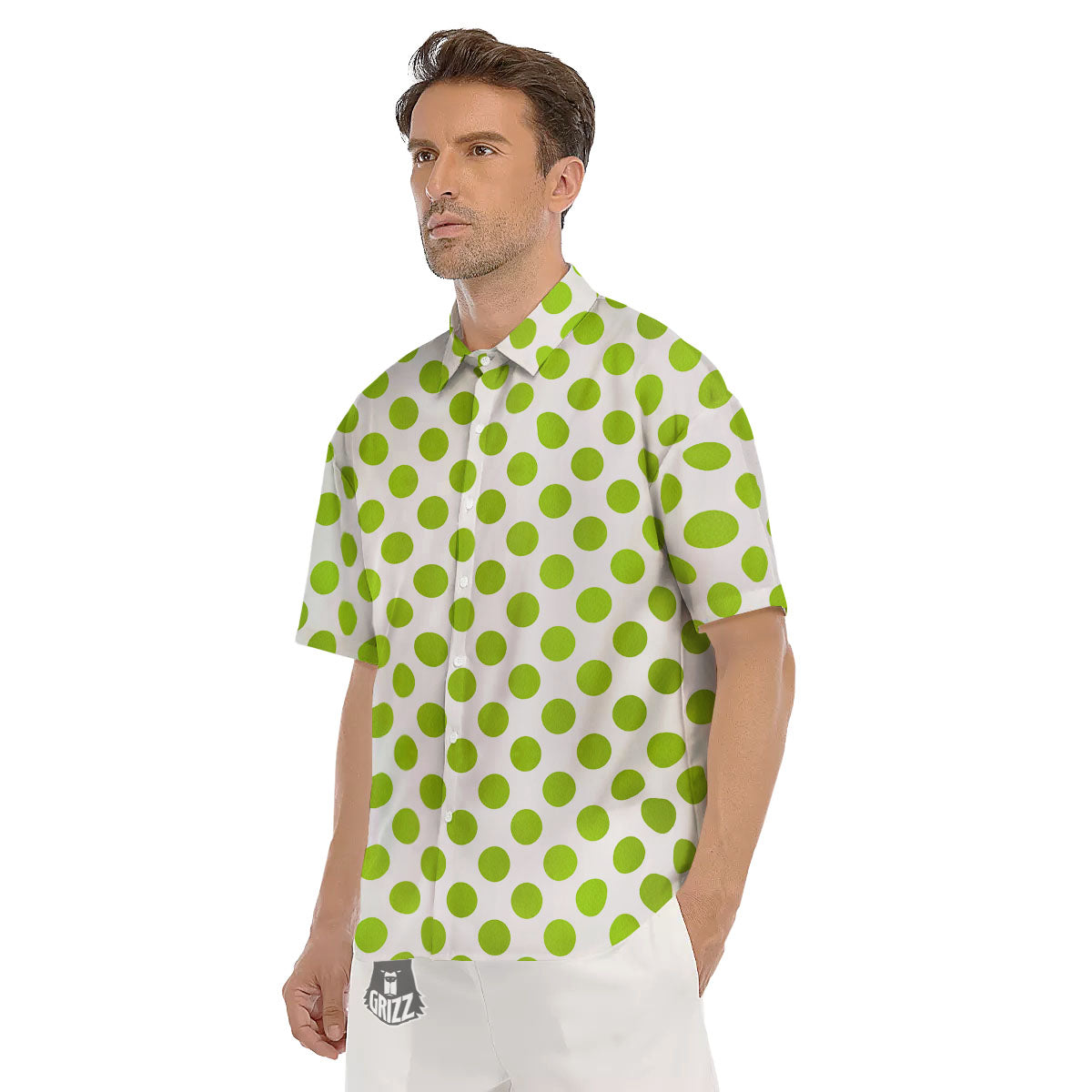 Polka Dot Lime Green And White Print Men's Short Sleeve Shirts-grizzshop
