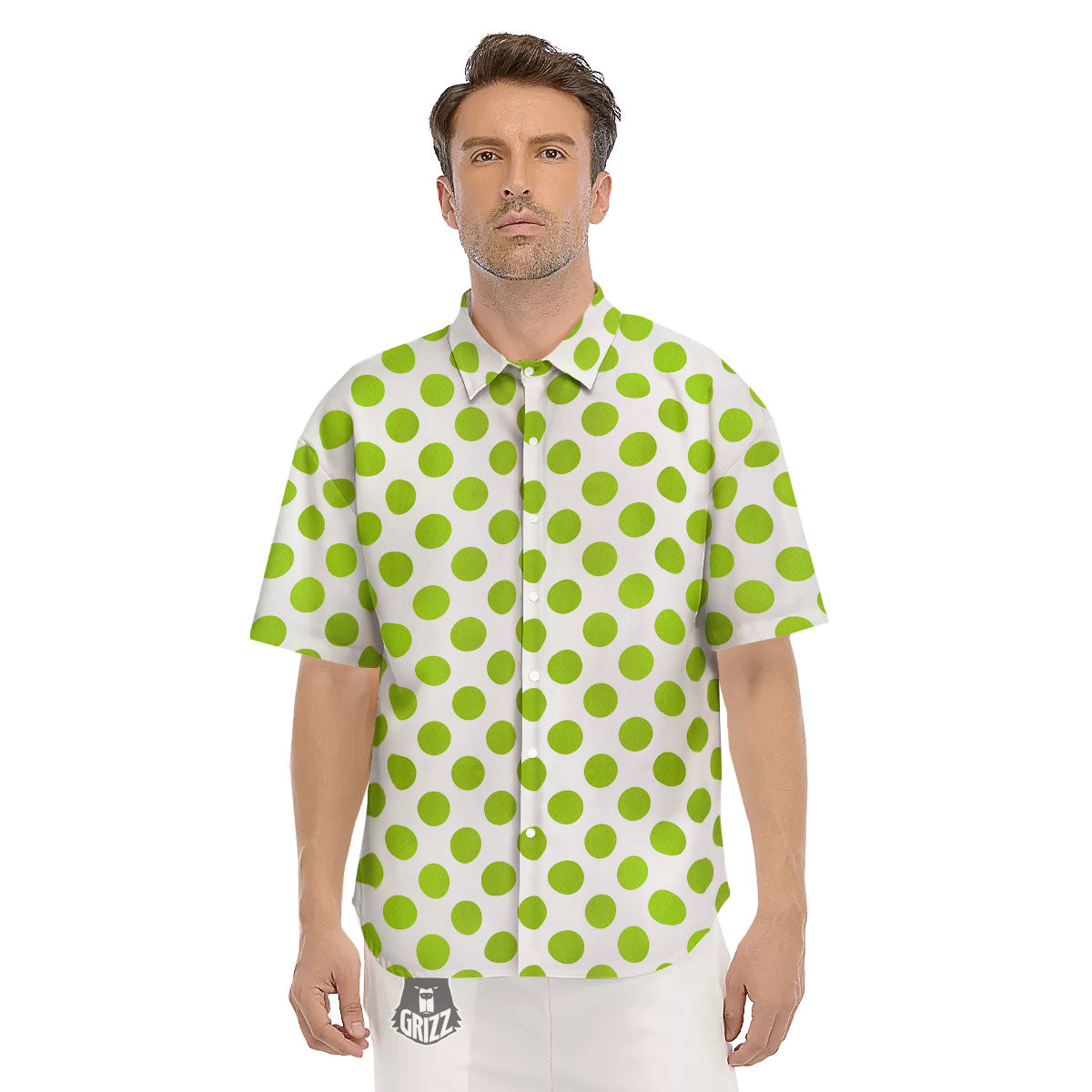 Polka Dot Lime Green And White Print Men's Short Sleeve Shirts-grizzshop