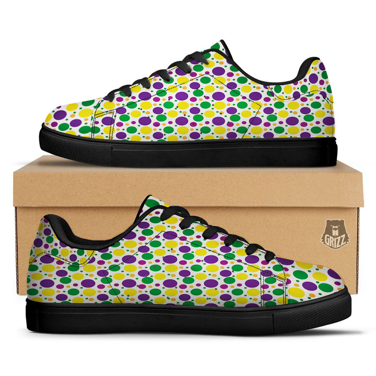 Polka Dot Mardi Gras Print Pattern Black Low Top Sneakers-grizzshop