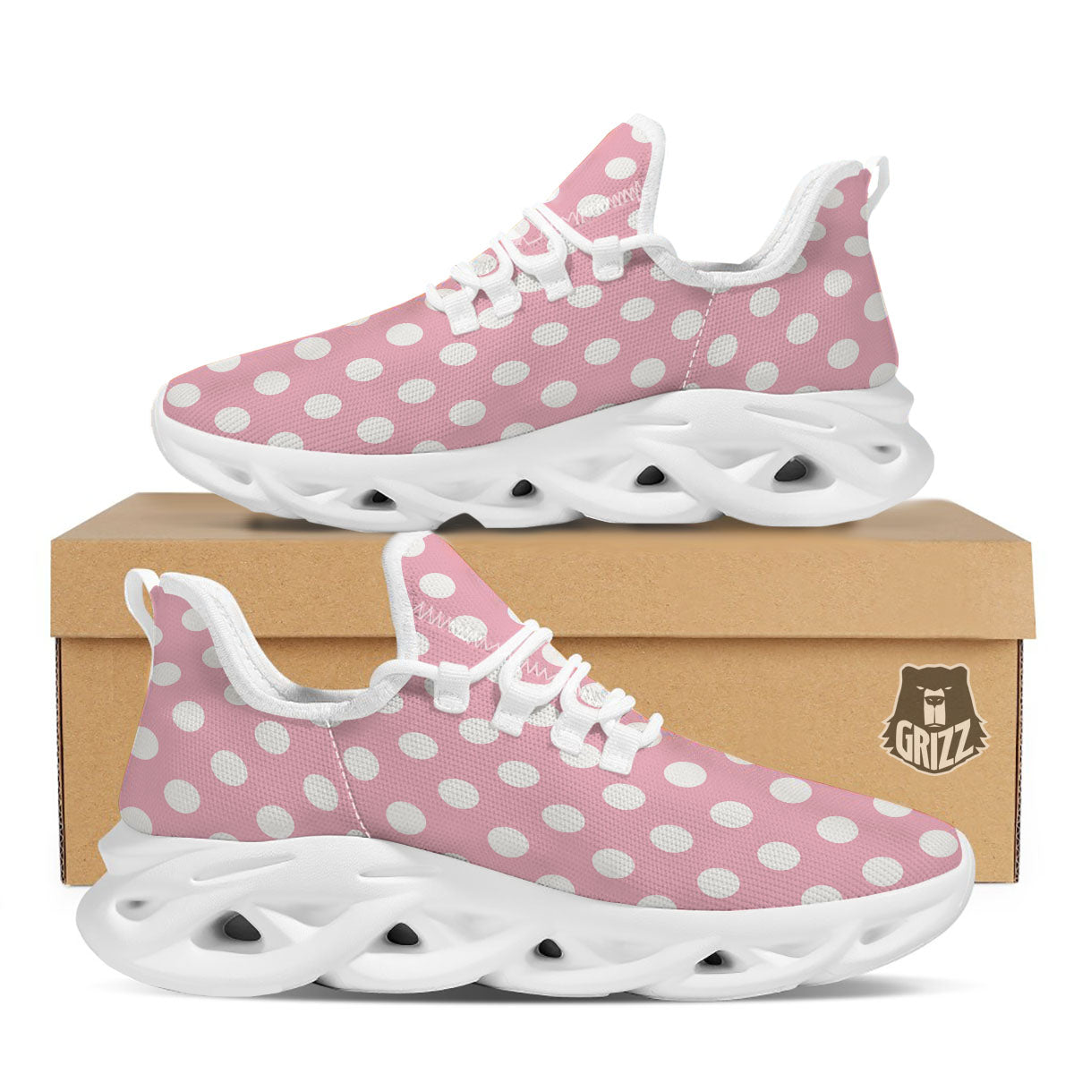 Polka Dot Pink And White Print White Running Shoes-grizzshop