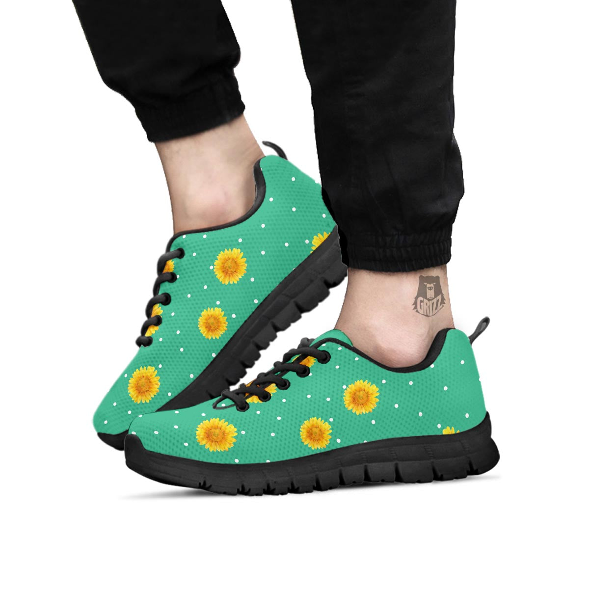 Polka Dot Sunflower Print Pattern Black Sneaker-grizzshop