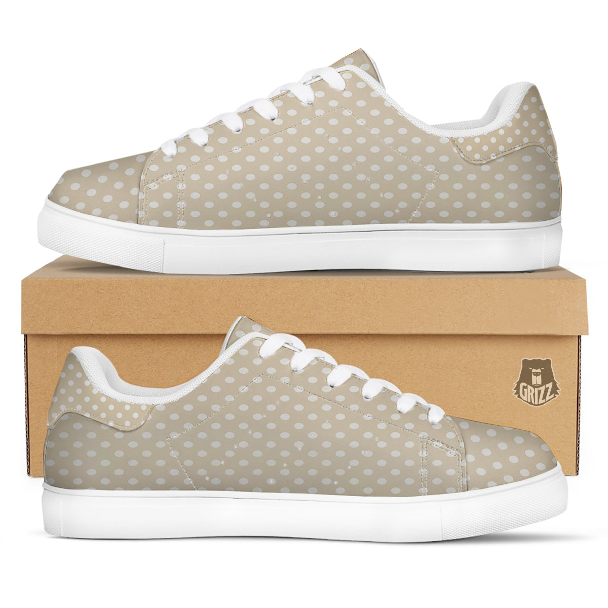 Polka Dot White And Beige Print Pattern White Low Top Sneakers-grizzshop