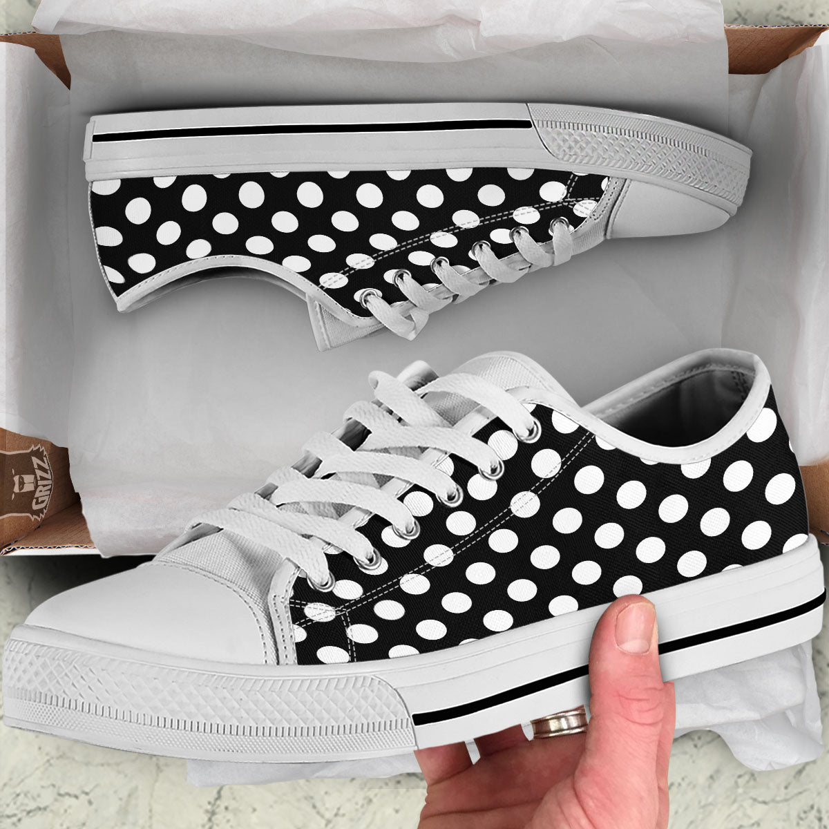 Polka Dot White And Black Print Pattern White Low Top Shoes-grizzshop