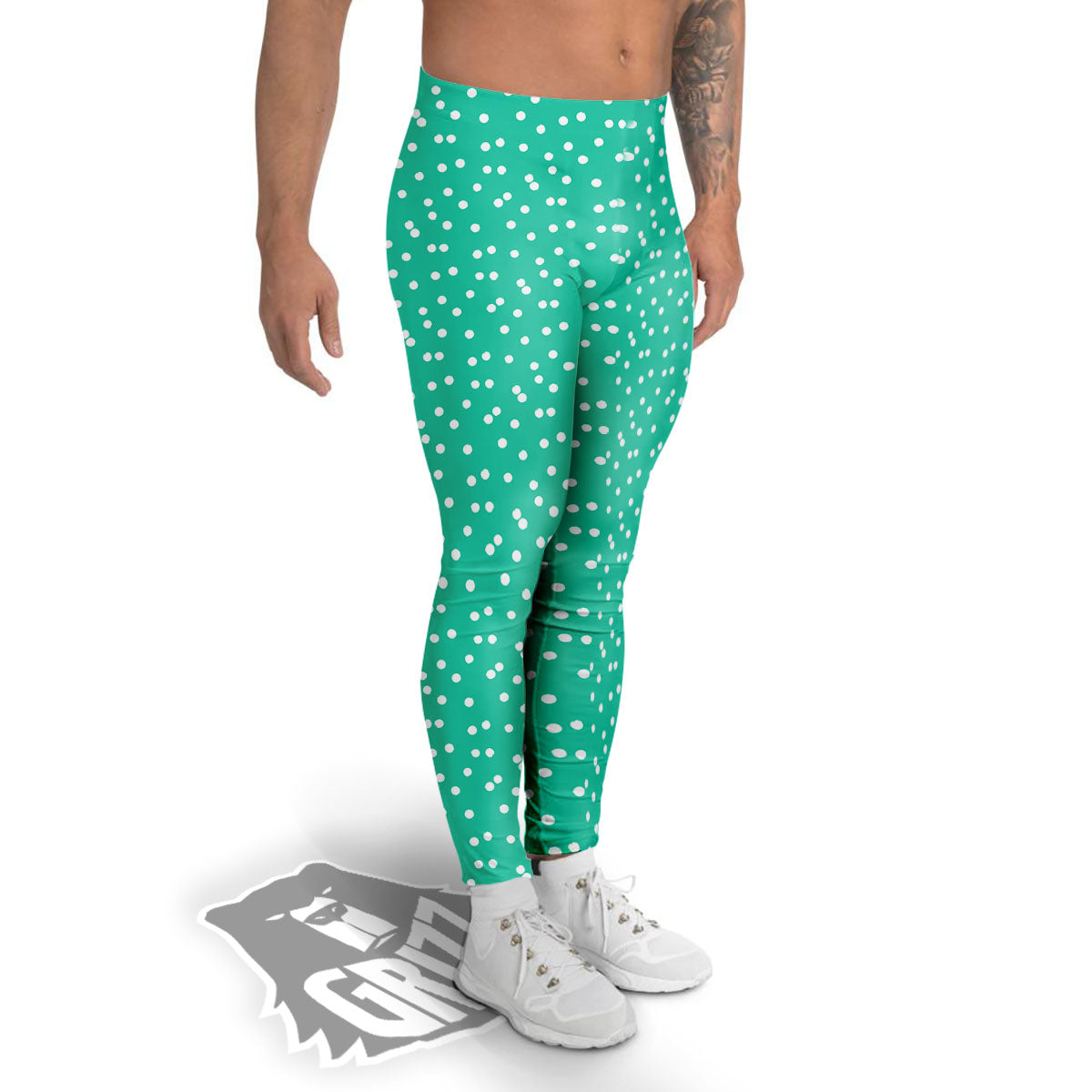 Polka Dot White And Green Print Pattern Men's Leggings-grizzshop