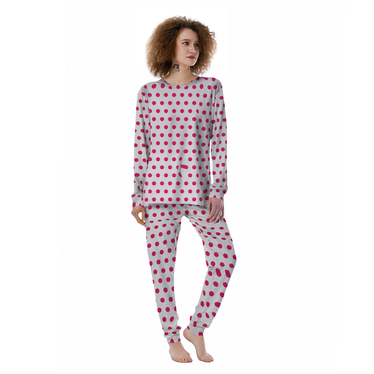 Polka Dot White And Pink Print Pattern Women's Pajamas-grizzshop