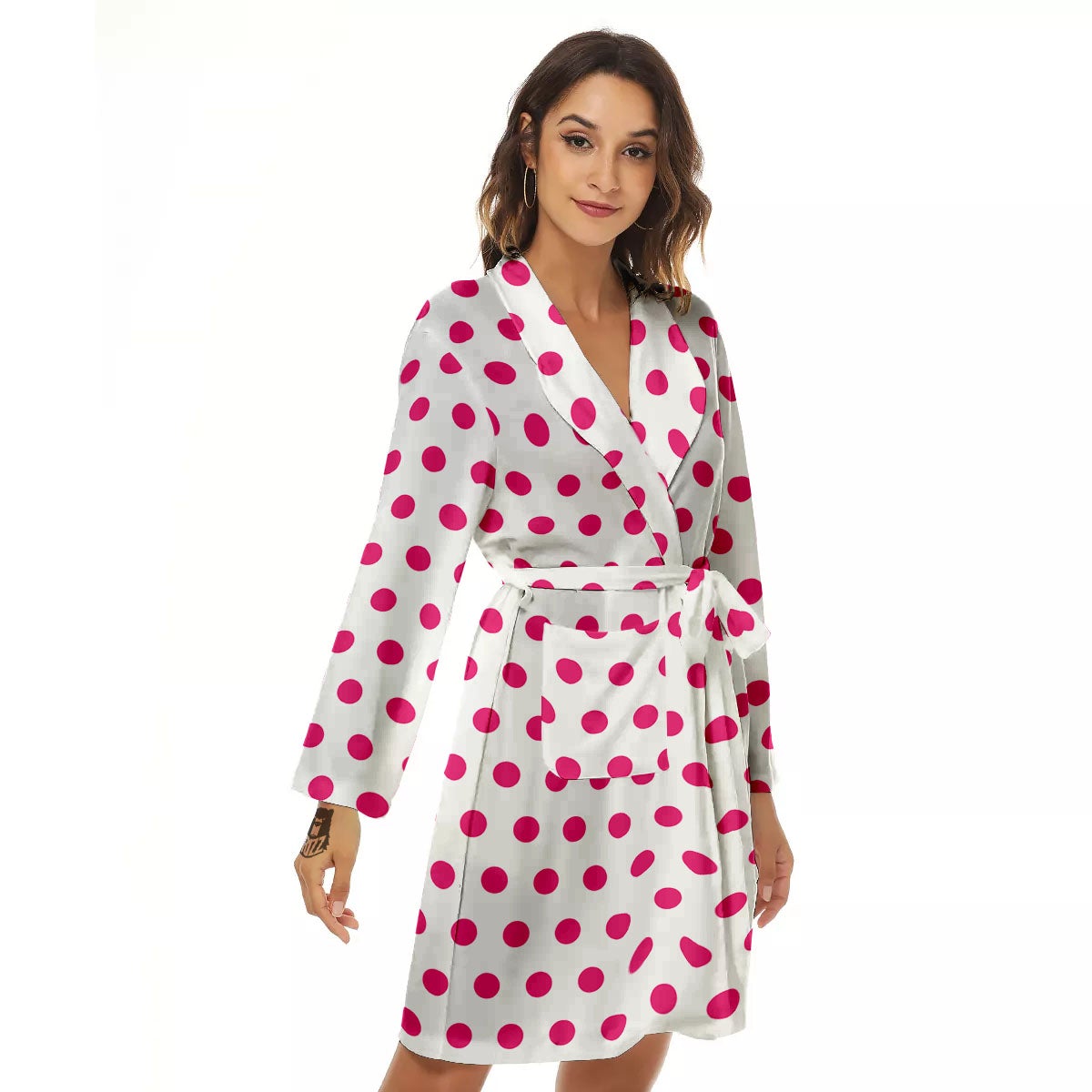 Polka Dot White And Pink Print Pattern Women's Robe-grizzshop