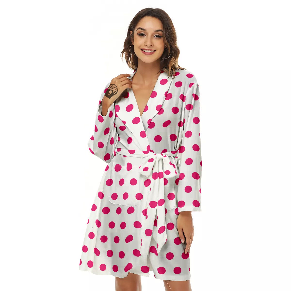 Polka Dot White And Pink Print Pattern Women's Robe-grizzshop