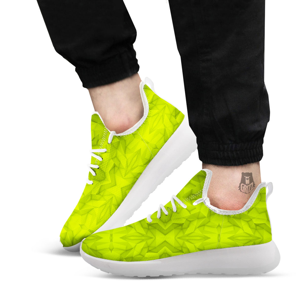 Polygonal Geometric Lime Green Print White Athletic Shoes-grizzshop