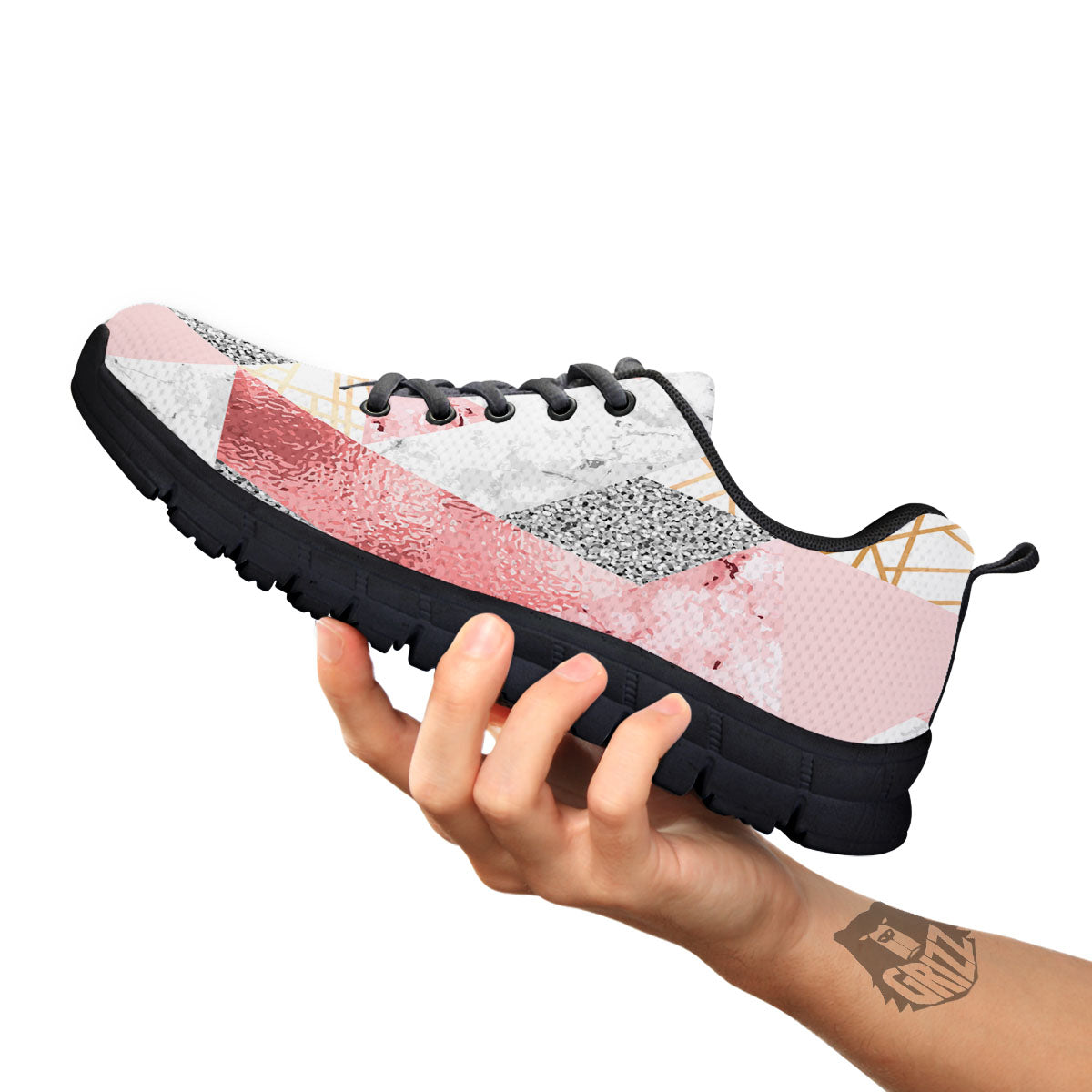 Polygonal Geometric Pink Print Black Sneaker-grizzshop