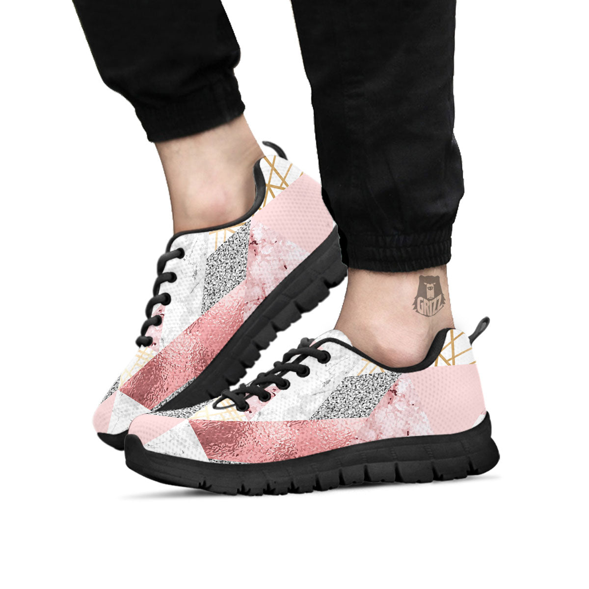 Polygonal Geometric Pink Print Black Sneaker-grizzshop