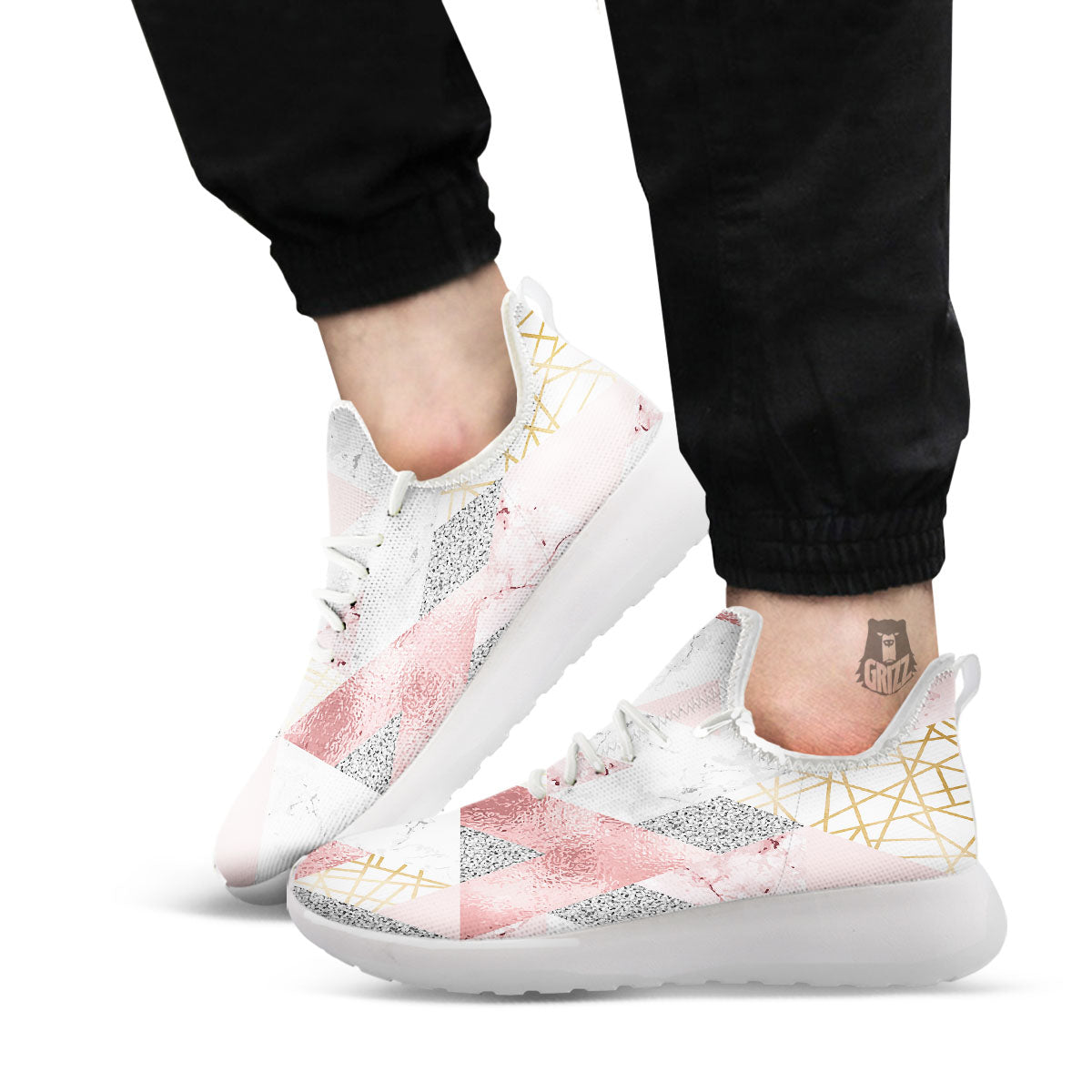 Polygonal Geometric Pink Print White Athletic Shoes-grizzshop