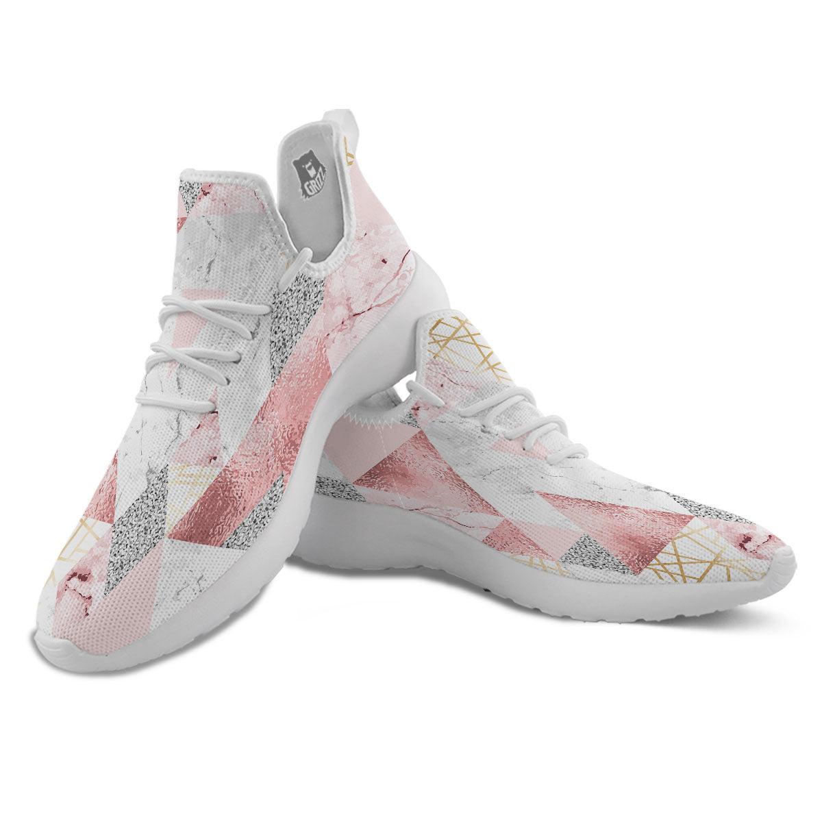 Polygonal Geometric Pink Print White Athletic Shoes-grizzshop