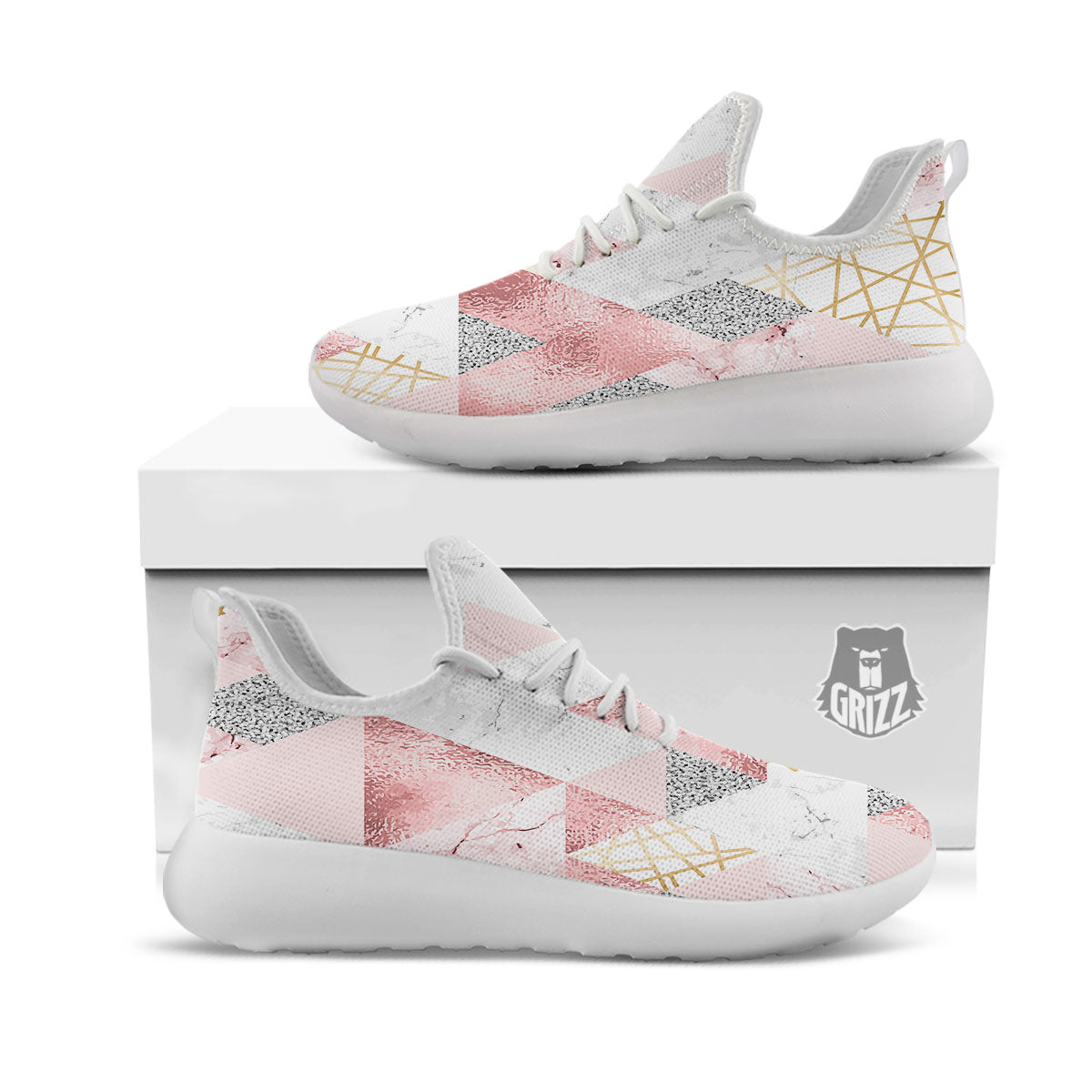 Polygonal Geometric Pink Print White Athletic Shoes-grizzshop