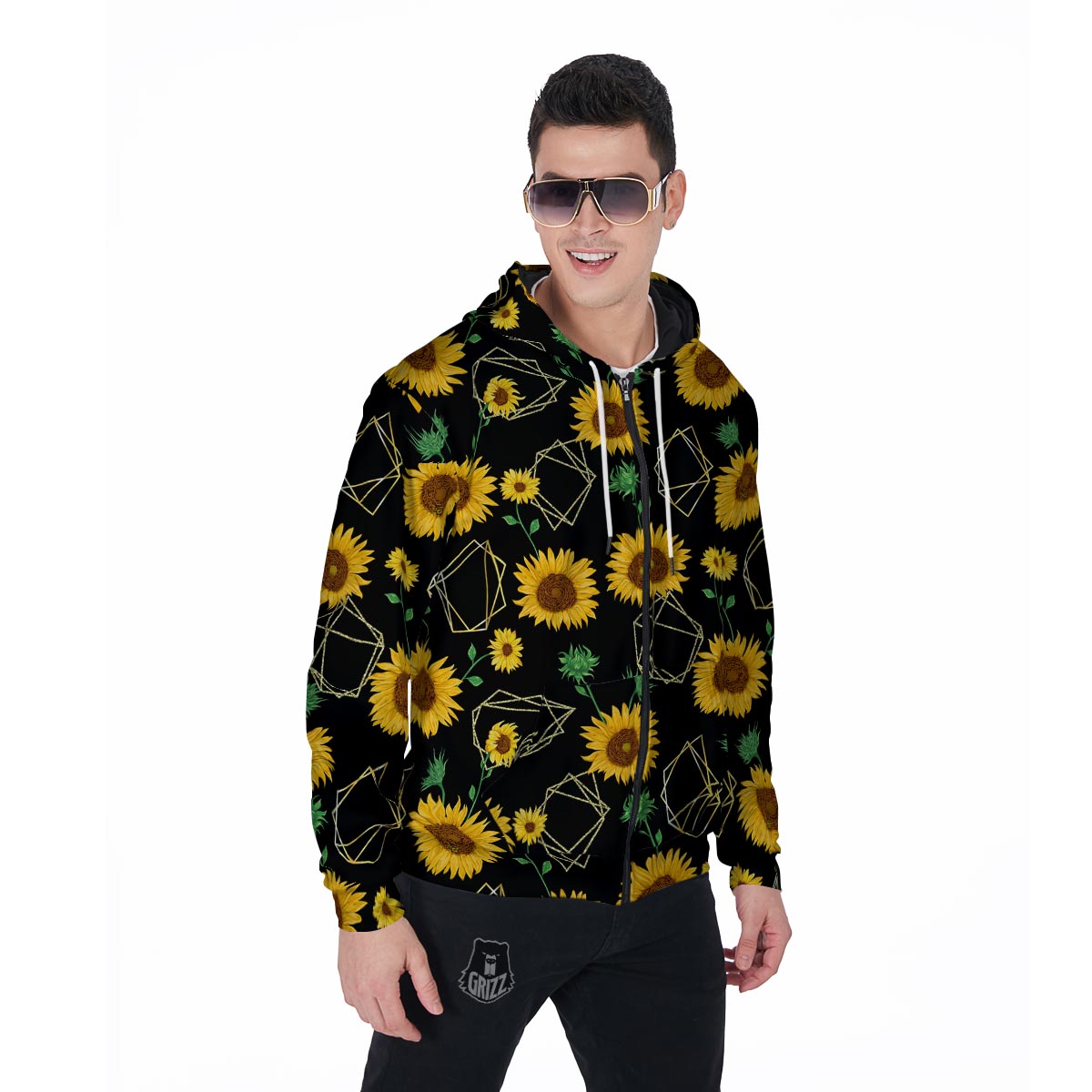 Polygonal Sunflower Men's Zip Up Hoodie-grizzshop