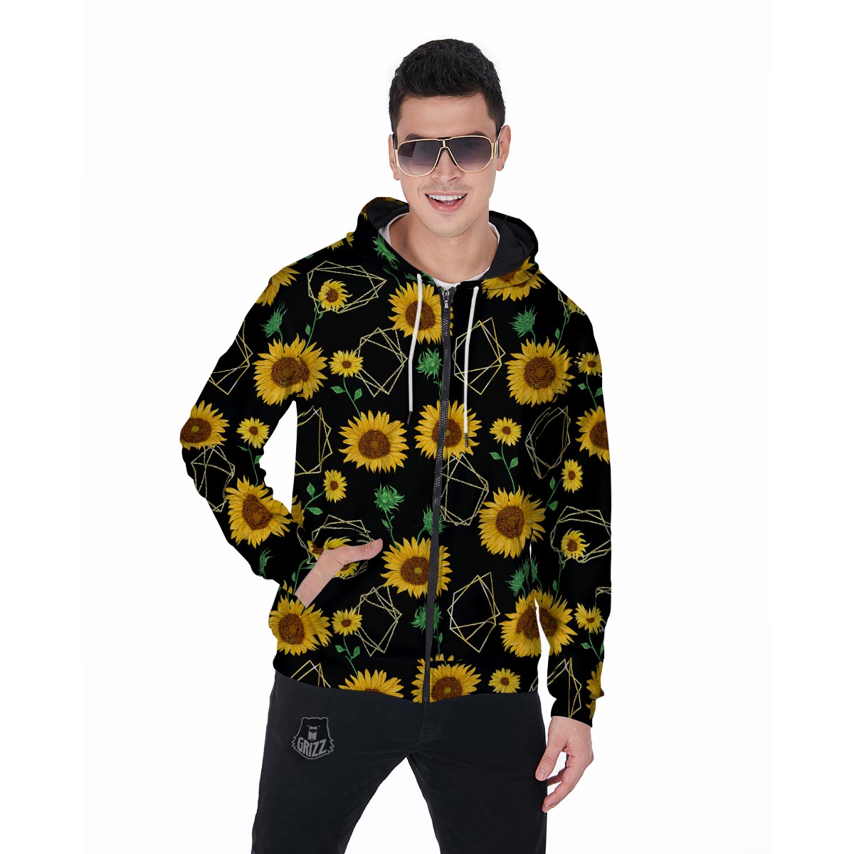 Polygonal Sunflower Men's Zip Up Hoodie-grizzshop