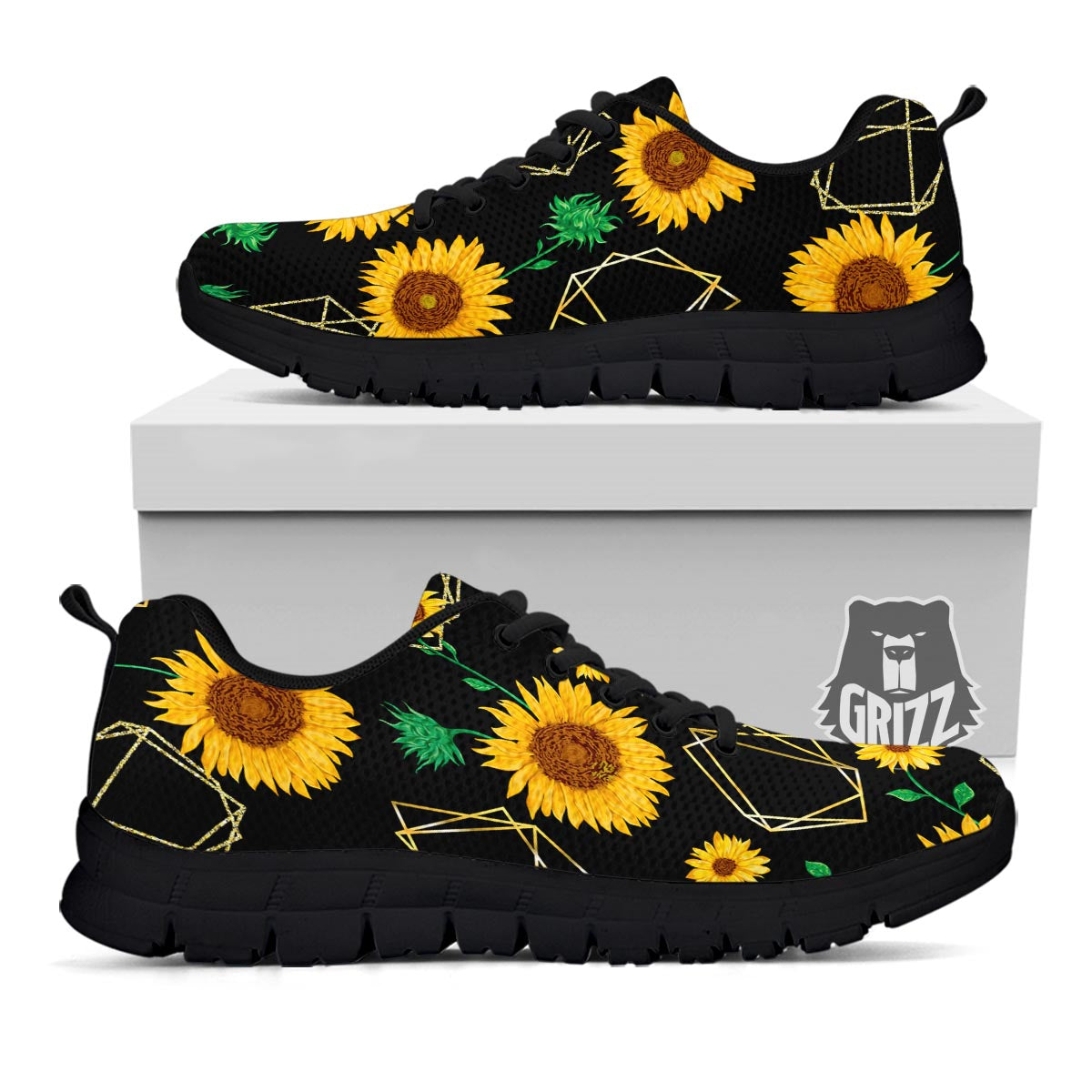 Polygonal Sunflower Print Pattern Black Sneaker-grizzshop