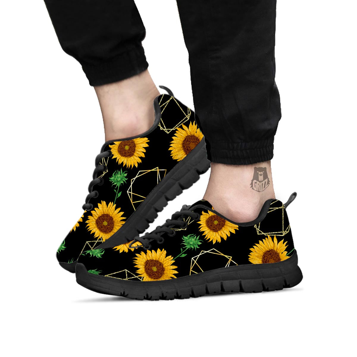 Polygonal Sunflower Print Pattern Black Sneaker-grizzshop