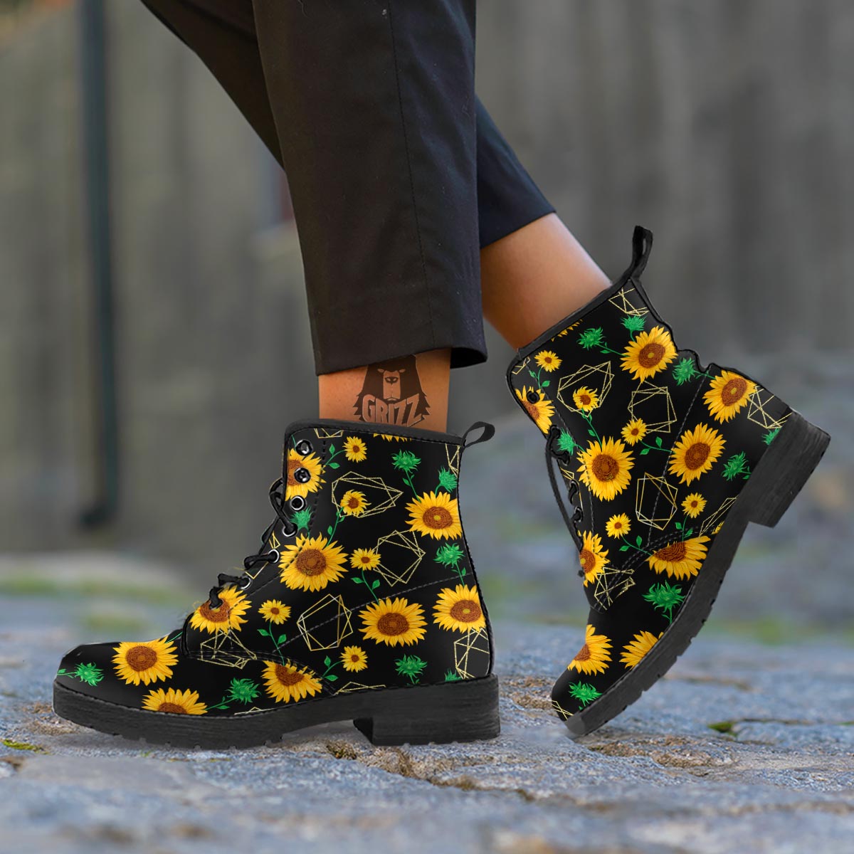 Polygonal Sunflower Print Pattern Leather Boots-grizzshop