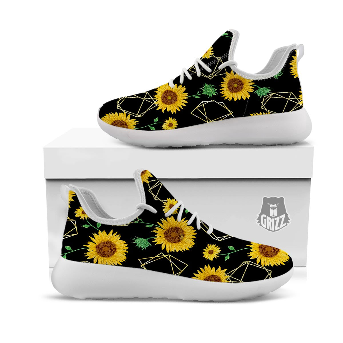 Polygonal Sunflower Print Pattern White Athletic Shoes-grizzshop